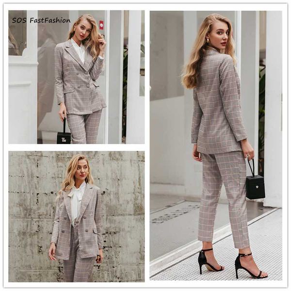

women's suits & blazers sos shop office ladies plaid blazer suit double breasted pockets female pants set streetwear elegant women, White;black