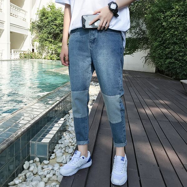 

spring and summer men's jeans men's feet slim thin section students nine pants retro feet pants trend jeans, Blue