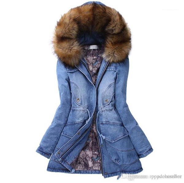 

длинные пальто мода с капюшоном джинсовые куртки меховые теплые утолщенные верхняя одежда повседневная женская одежда женщины зима утолщенна, Black;brown