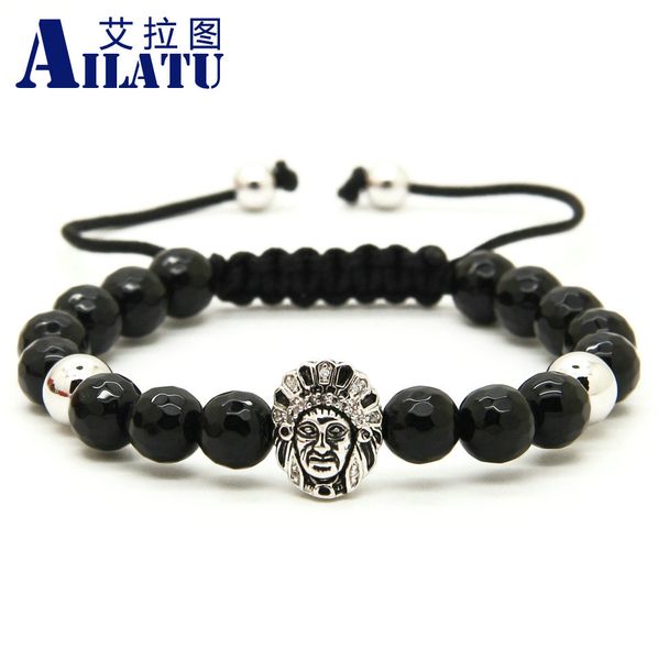 

ailatu 8mm faceted black onyx stone beads weave aboriginal indigenous people cz bracelets, Golden;silver