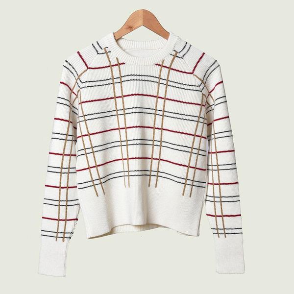 

women sweater 2019 autumn and winter new simple casual round neck plaid jacquard wool loose sweater, White;black