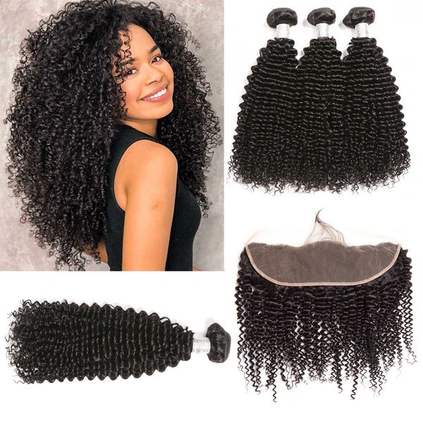 

kinky завитых связки с фронтальным 13x4 фронтальных пачек перуанской человеческие 3 волос пучков с закрытием remy выдвижение волосы beyo, Black;brown