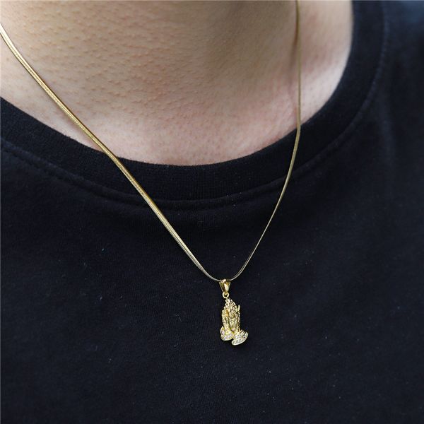 

stainless steel iced out bling praying hands pendants necklaces for men double hands prayer out bling praying pendants, Silver