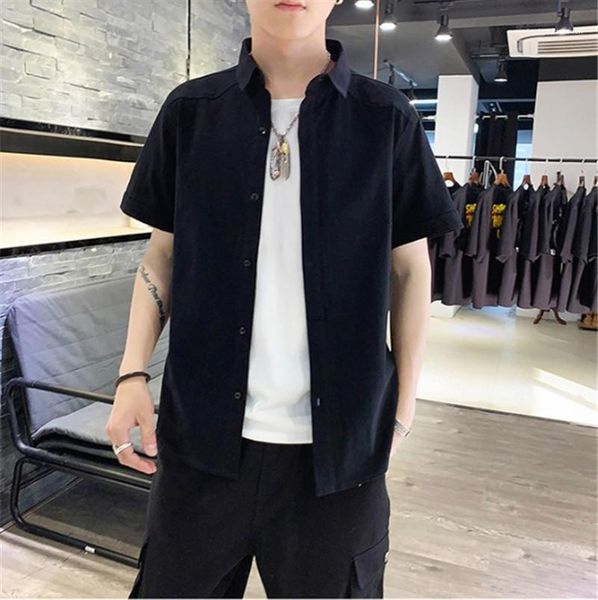

down collar mens shirts single breasted short sleeve males clothing mens solid color shirts fashion turn, White;black