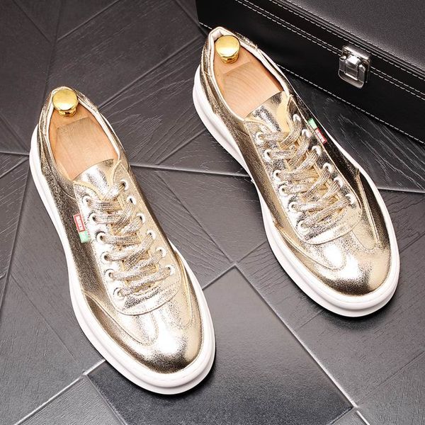 

errfc new arrival fashion men gold casual shoes round toe lace up shiny silver man flat platform leisure shoes younger, Black