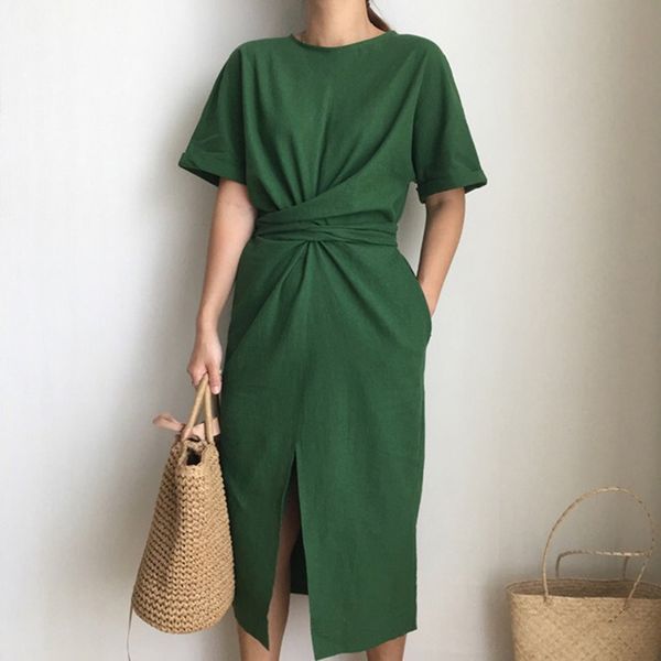 

summer wrap dress women loose simple casual long side split bandage short sleeve korean dress a-line robe femme, Black;gray