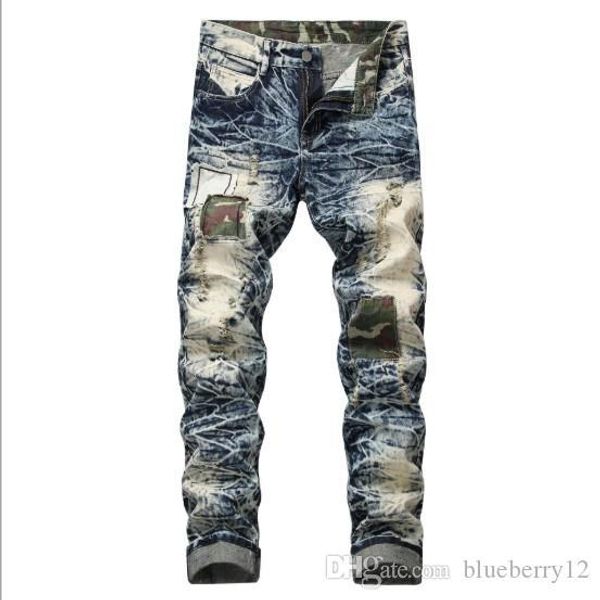 

mens jeans hole patch distressed new slim denim trousers european and american style asian size, Blue