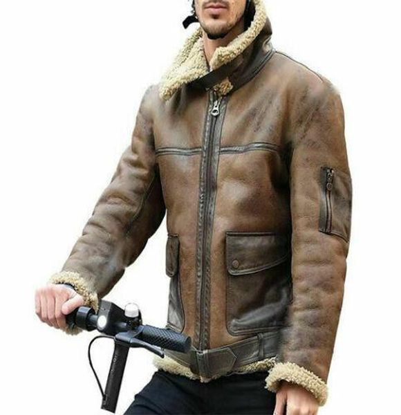 

winter mens lamb wool lined leather jacket parka outwear coat men retro fur locomotive jacket zipper pu leather coat warm, Black