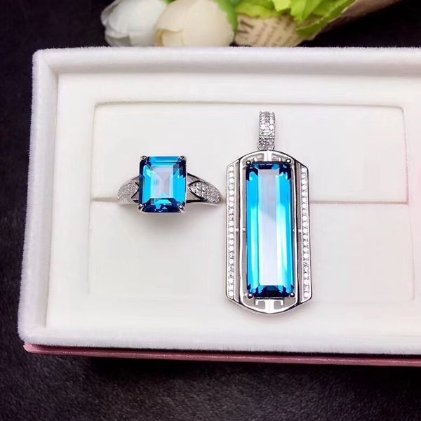 

blue corlour natural z gemstone ring and necklace with 925 sterling silver, Black