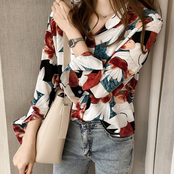 

женщина топы летняя блузка летняя одежда новый корейский chic printed женщины блузка рубашка с длинными рукавами женщины top plus размер sli, White