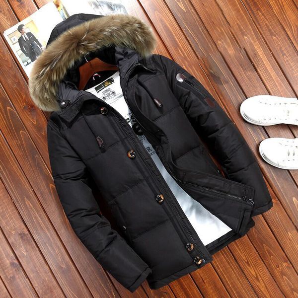 

men down coat white duck down casual solid color fur collar hooded zipper thick warm long sleeve male coat, Black