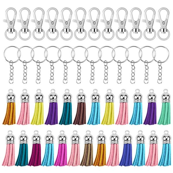 

key chain rings - swivel clasps, split key ring with chain and jump rings, suede tassel - keychain ring parts accessories for di, Silver
