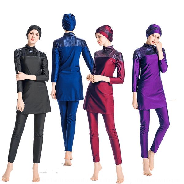

2019 muslim conservative large swim swim size stitching slim three-piece suit beach suit female, White;black