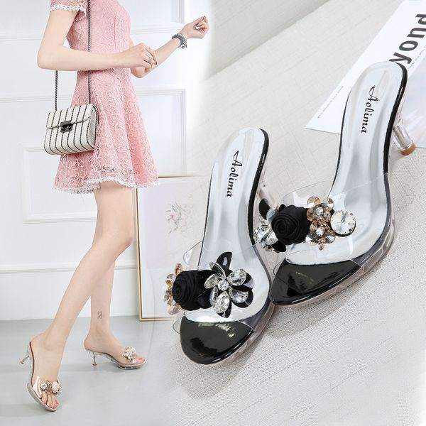 

the transparent crystal flower high heel sandals 2019 summer women's fine heel water drill shoes outdoor sandals slippers, Black