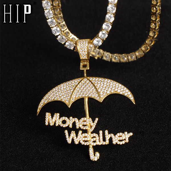 

hip hop iced out bling micro paved cz umbrella & money wealher pendants & necklaces for men rapper jewelry with tennis chain, Silver