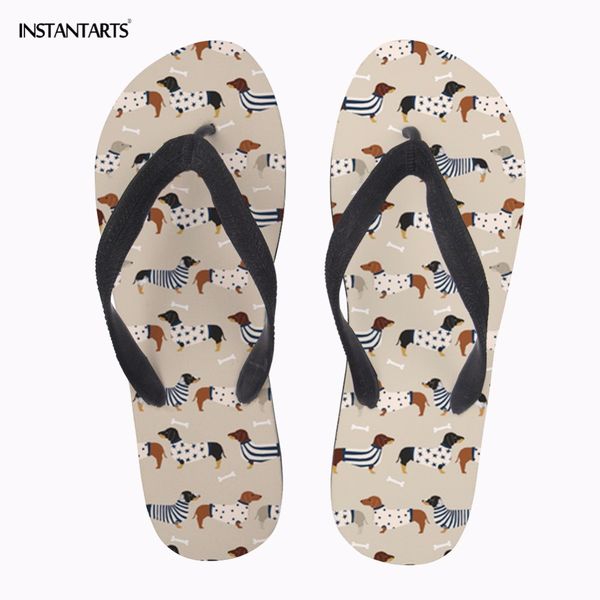 

instantarts 2018 new women casual summer water beach slippers shoes cute animal dog dachshund dog print home non-slip flip flops, Black