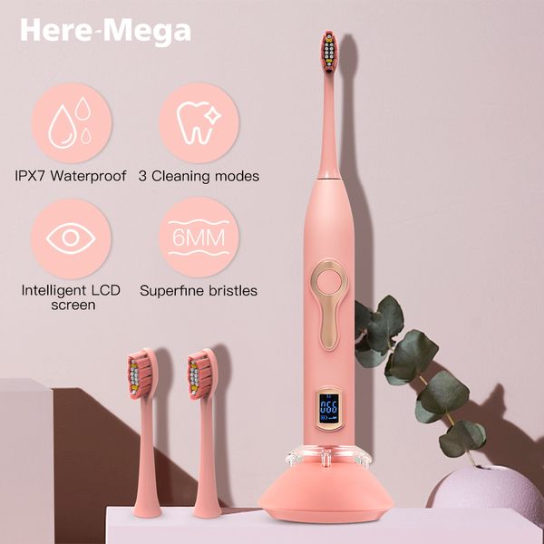 

here mega sonic electric toothbrush led display automatic ultrasonic toothbrush replaceable toothbrush heads usb 608 pink