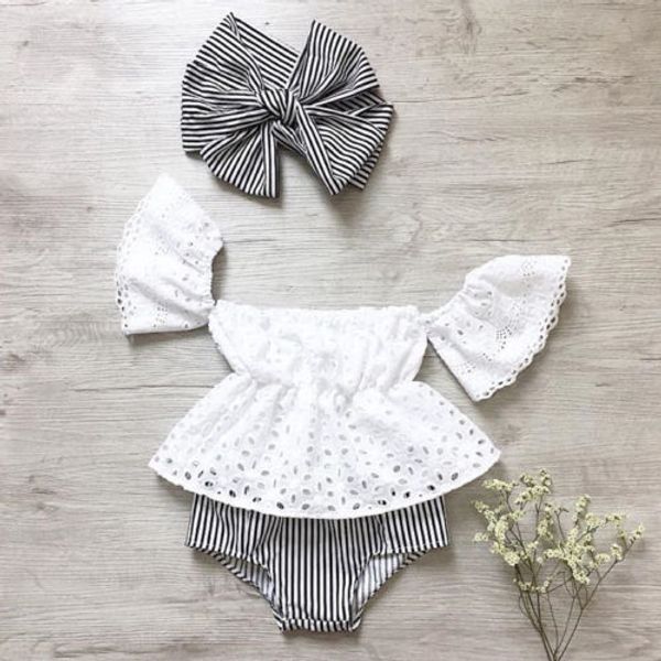 

3pcs toddler baby girl clothes set lace hollow out short sleeve +stripe shorts +headband 3pcs outfits set clothes, White