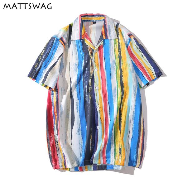 

men's casual shirts mattswag rainbow colorful print men shirt striped splice for mens loose short sleeve button up male, White;black