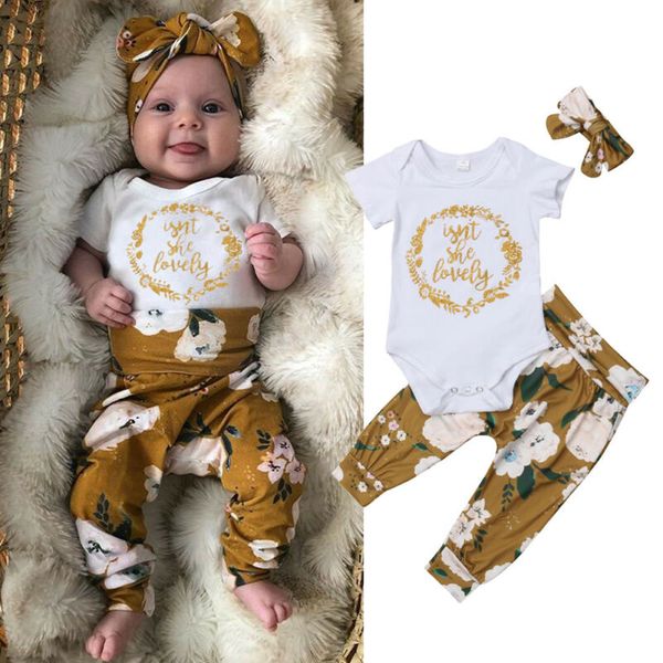 

newborn baby girl autumn casual little sister short sleeve t-shirts flower print pants headband 3pcs clothes set outfits, White