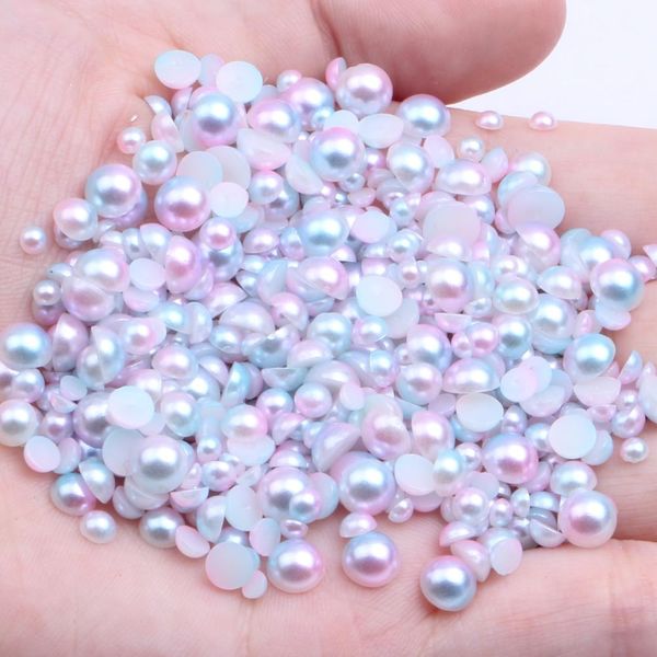 

small pack 3mm 4mm 5mm 6mm rainbow color half round pearls flatback imitation craft diy wedding dresses diy nail art decorations, Silver;gold