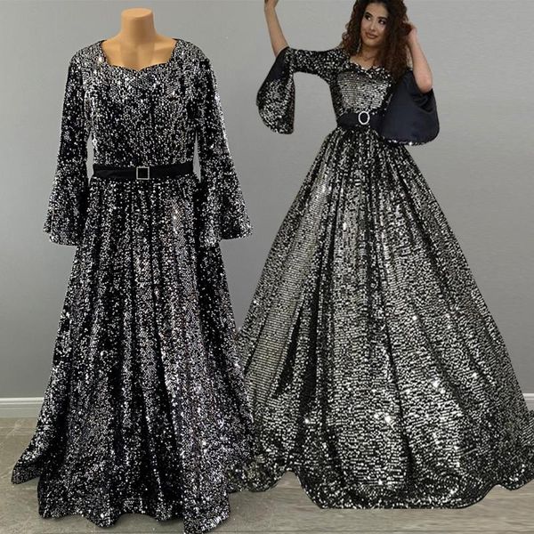

long sparkly evening dresses 2020 long sleeve high neck arabic silver sequin black prom party dress, White;black