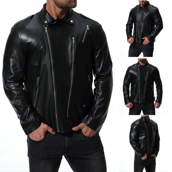 

2019 streetwear autumn and winter men's casual solid color long-sleeved slim leather jaqueta masculino chaqueta hombre casaco, Black