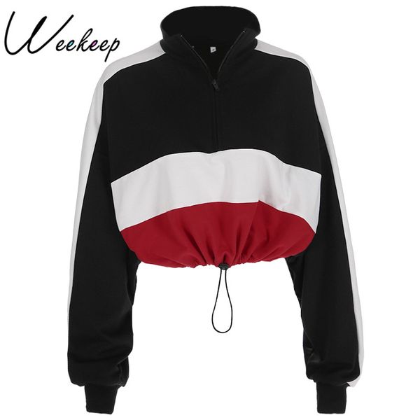 

weekeep women turtleneck cropped hoodies streetwear patchwork pullovers sweatshirt 2018 fashion adjustable waist loose hoodie, Black