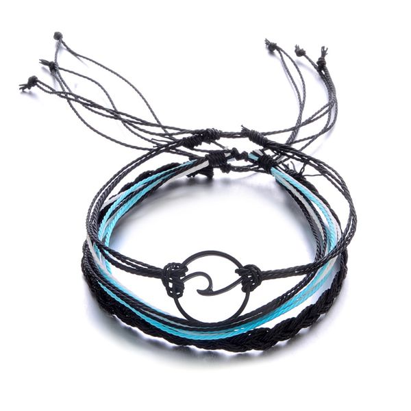 

fashion-3pcs/set women boho beach surf femme handmade wave charms bracelet wave rope cotton bohemian bracelet bangles set 2018, Golden;silver