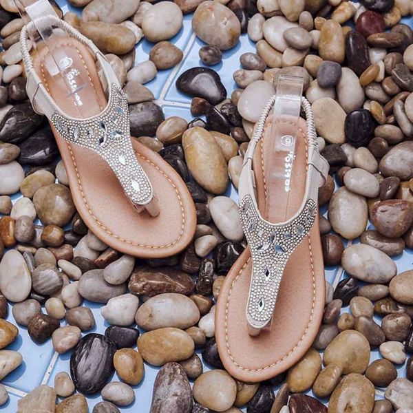 

sandals elastic band casual pu flat heel women slingback comfortable flip flops waterproof platform rhinestone sequins thong, Black