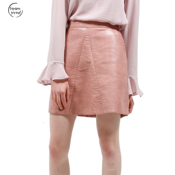 

leather skirt spring new pu faux skrit high waist skirt pink yellow black back zipper mini women