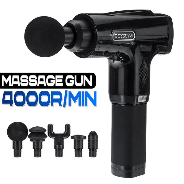 

2020 new t02 massage gun deep tissue percussion massager muscle hypervolt vibrating massage relaxing + 5 heads + 6 speed mode