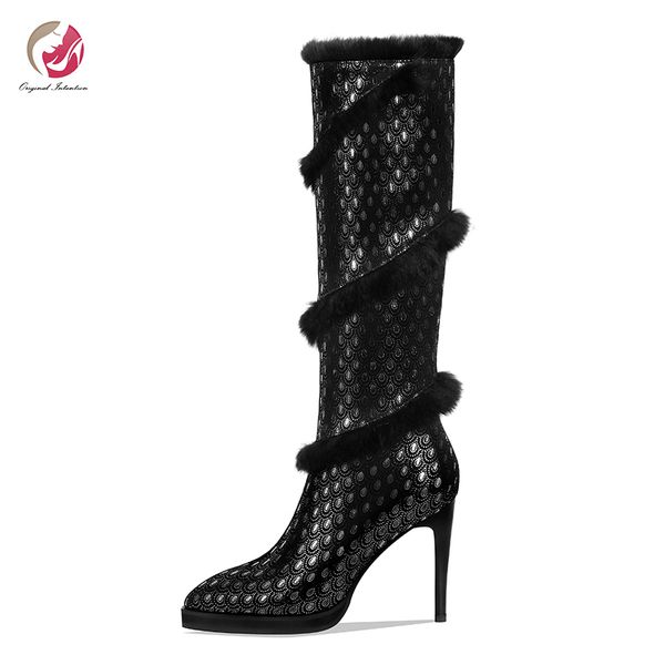 

original intention knee high boots woman fashion fur around knight boots stiletto high heels pointed toe shoes woman, Black