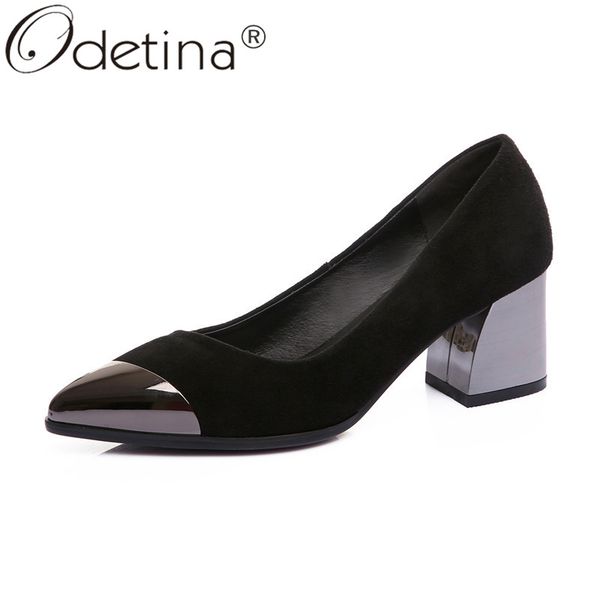 

odetina women fashion kid suede office lady slip on casual shoes female new block mid heel pointed toe mixed colors dress shoes, Black