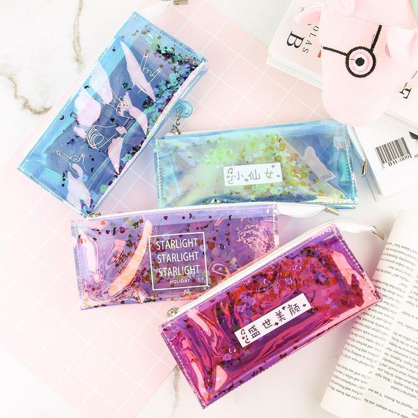 

kawaii transparent laser pencil case creative cute pencil colored pouch office stationery for girls bags school supplies u2g6