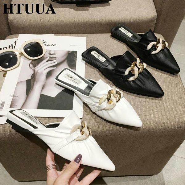 

htuua 2020 new flat мулы обувь женщины цепи пряжки остроконечные toe тапочки женский слип на слайдах бездельников sx3840, Black