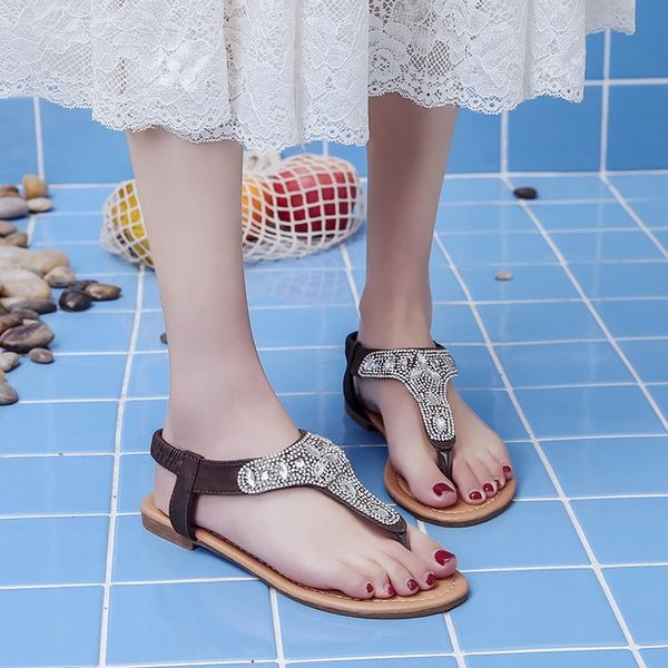 

sandals women's 2019 new style summer bohemian man-made diamond flat flip-flop soft-sole students split toe sandals, Black