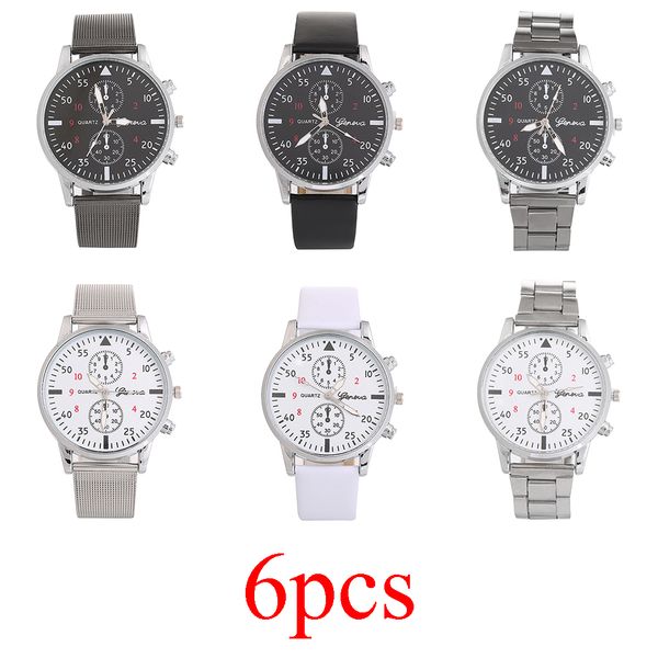 

3pcs/6pcs watches combination mesh belt steel strip leather band watch precision scale bracelet quartz luxury wristwatch relogio, Slivery;brown