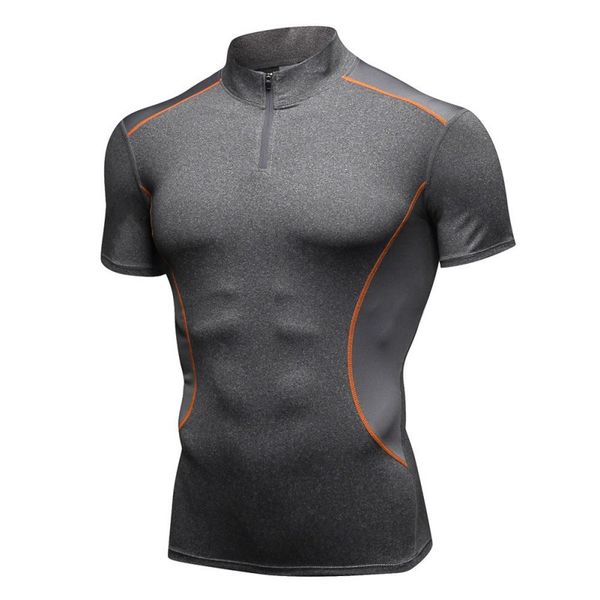 

men sports stretch t-shirt short sleeve stand collar breathable quick-drying for outdoor running gym fitness, Black;red