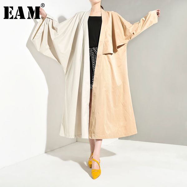 

women's trench coats [eam] women contrast color oversize long v-collar sleeve loose fit windbreaker fashion autumn winter 2021 jq9380, Tan;black