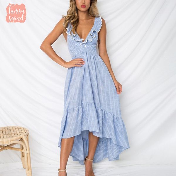 

women ruffles summer dress 2019 sleeveless deep v neck backless dresses blue ankle length striped casual long dress vestidos, Black;gray