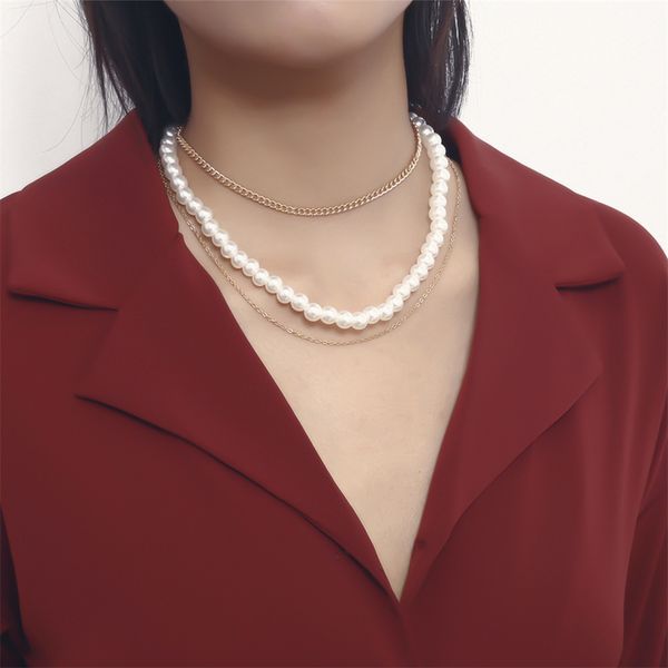 

bohemian imitation pearl choker necklace for women 2020 trendy charm metal multi layer necklace statement jewelry gift, Silver