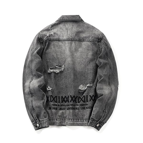 

mens designer jacket denim high street brand men's jackets with embroidered letters wash water holes old style denim jacket m-2xl whole, Black;brown