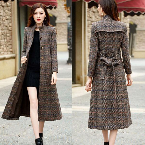 

2019 winter women jacket plaid pockets wool coats blends office work long fashion female slim with belt long sleeve outerwear, Black