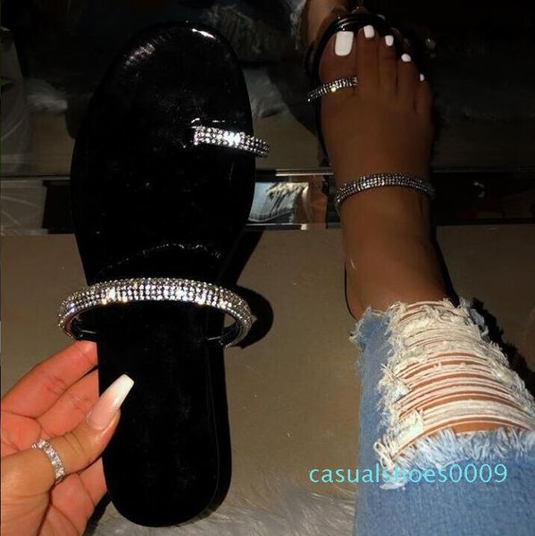 

new rhinestone bright diamond slippers 2019 women's shoes diamond flat sandals outdoor beach shoes wild single finger flip flop c09, Black