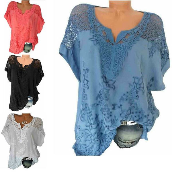 

new style women's blouses v neck lace hollow out loose tee summer short sleeve casual blouse loose tunic fashion 2019, White