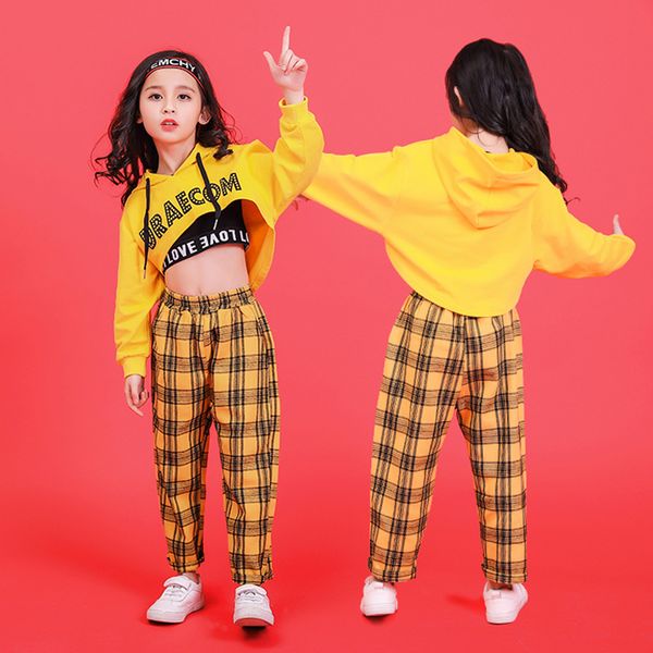 

yellow girls boys hip hop hoodies dance clothes for kids jazz dancing costumes t shirt ballroom crop plaid jogger pants, Black;red
