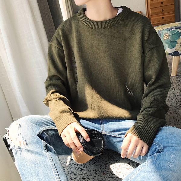 

autumn hole sweater men's fashion solid color casual o-neck knit pullover men streetwear loose sweaters male sweter clothes, White;black