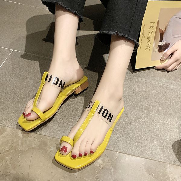 

2019 summer new wear transparent toe slippers net red square head with sandals fashion wild women's shoes, Black