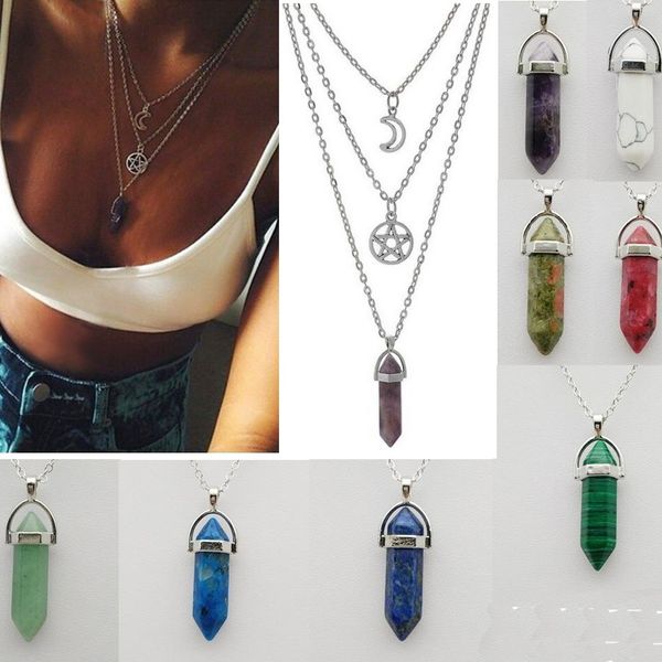 

three layers necklace silver color disc star moon with hexagon crystal prism pendant silver plated metal chain fashion necklace